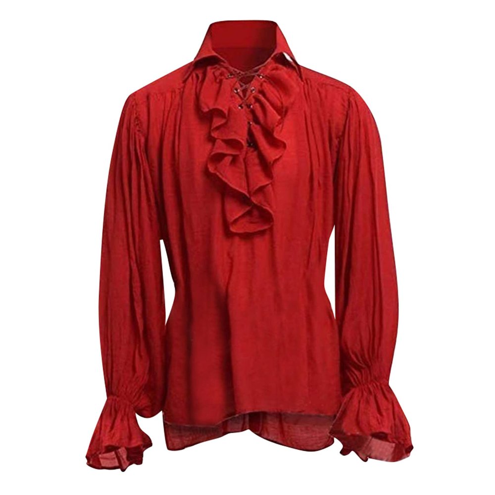 Mens Vampire Shirt,Pirate Style Renaissance Victorian Gothic Medieval Steampunk Ruffle Blouse for Men,Old Fashined Retro Vintage Style Drama Roleplay 1800s 1714s Shirt(B-Red,Medium)