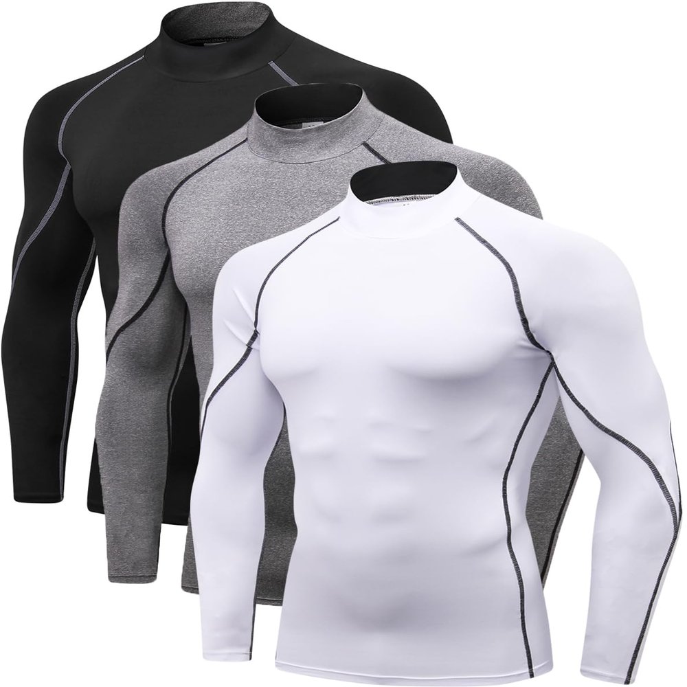 2/3 Pack Men's Compression Shirts Long Sleeve Workout Shirts Mock Turtleneck Athletic Base Layer Active Undershirts Tops