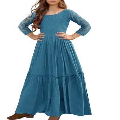 MITILLY Girls Lace Flower 3/4 Sleeve Ruffle A-Line Swing Wedding Party Long Maxi Dress with Pockets 6 Years Teal