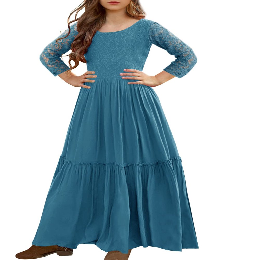 MITILLY Girls Lace Flower 3/4 Sleeve Ruffle A-Line Swing Wedding Party Long Maxi Dress with Pockets 6 Years Teal
