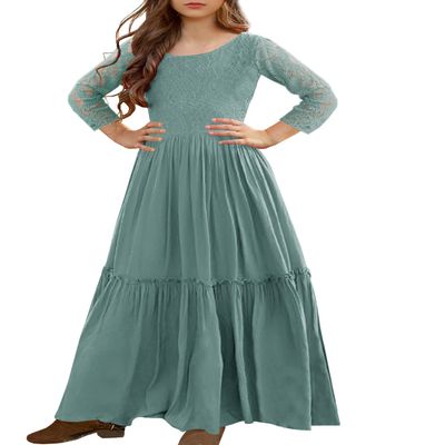 MITILLY Girls Lace Flower 3/4 Sleeve Ruffle A-Line Swing Wedding Party Long Maxi Dress with Pockets Size 8 Light Green