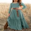 MITILLY Girls Lace Flower 3/4 Sleeve Ruffle A-Line Swing Wedding Party Long Maxi Dress with Pockets Size 8 Light Green view 4