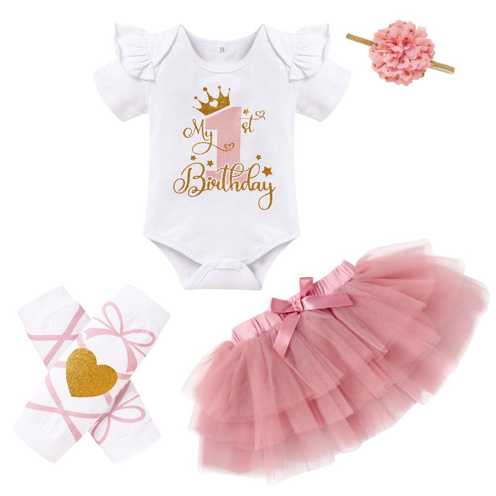 GRNSHTS Baby Girl Birthday Cake Smash Outfits My 1st Birthday Romper Tutu Skirt with Headband Leg Warmers Clothes Set (Dusty Rose, 12-18M)