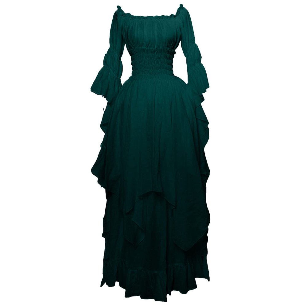 Renaissance Dress Women's Medieval Chemise Dresses Peasant Tops Irish High Low Victorian Dress Off Shoulder Ruffle Sundress Green