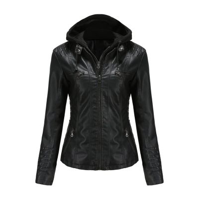 JEsilunmaMY Women's Removable Hooded Leather Jackets Long Sleeve Full Zip Moto Biker Coat Plus Size Slim Fit Motocycle Hoodie (Black,3X-Large)