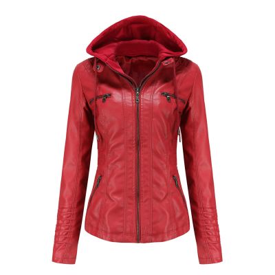 JEsilunmaMY Women's Removable Hooded Leather Jackets Long Sleeve Full Zip Moto Biker Coat Plus Size Slim Fit Motocycle Hoodie (Red,Medium)