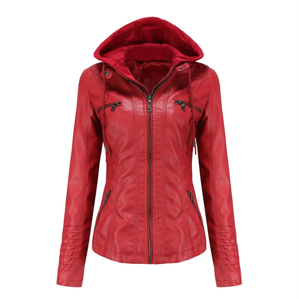 JEsilunmaMY Women's Removable Hooded Leather Jackets Long Sleeve Full Zip Moto Biker Coat Plus Size Slim Fit Motocycle Hoodie (Red,Medium)