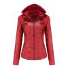 JEsilunmaMY Women's Removable Hooded Leather Jackets Long Sleeve Full Zip Moto Biker Coat Plus Size Slim Fit Motocycle Hoodie (Red,Medium) view 1