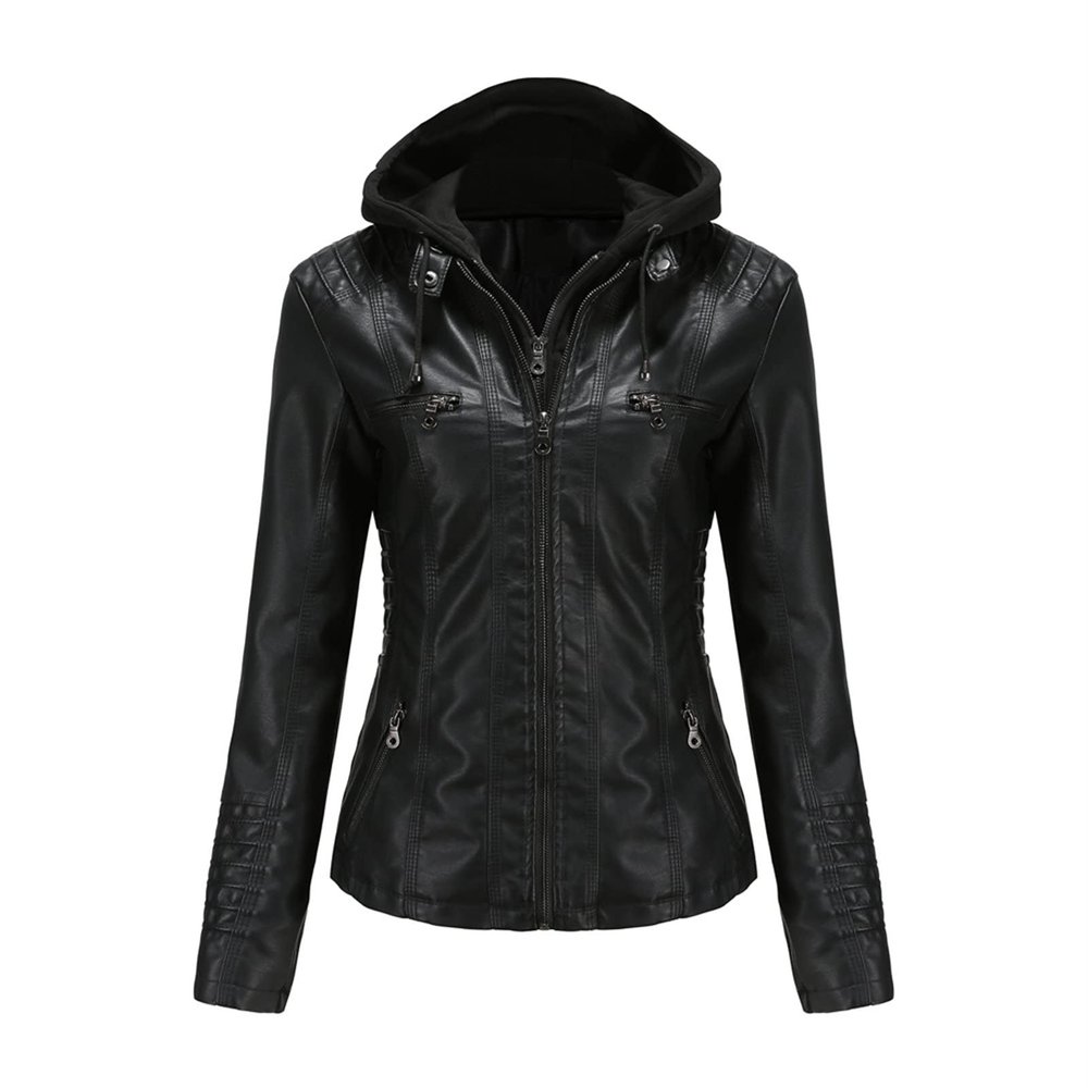 JEsilunmaMY Women's Removable Hooded Leather Jackets Long Sleeve Full Zip Moto Biker Coat Plus Size Slim Fit Motocycle Hoodie (Black,7X-Large)
