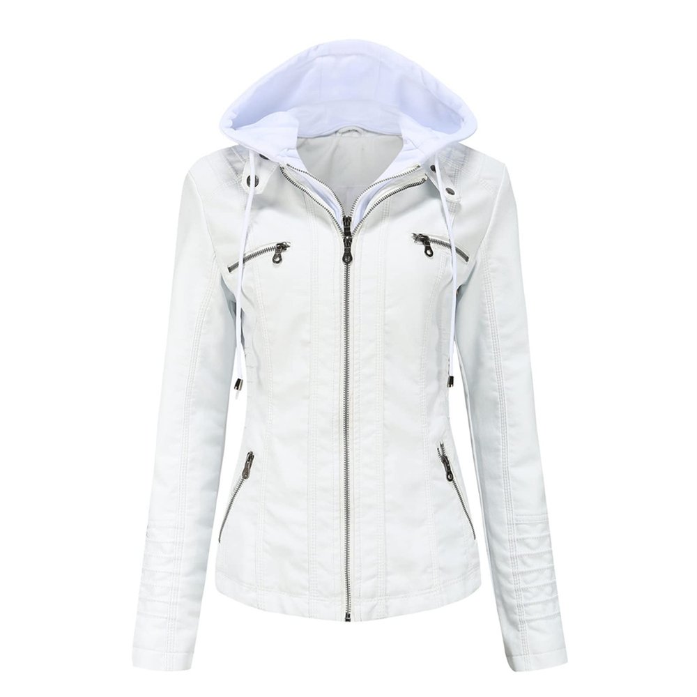 JEsilunmaMY Women's Removable Hooded Leather Jackets Long Sleeve Full Zip Moto Biker Coat Plus Size Slim Fit Motocycle Hoodie (White,X-Small)