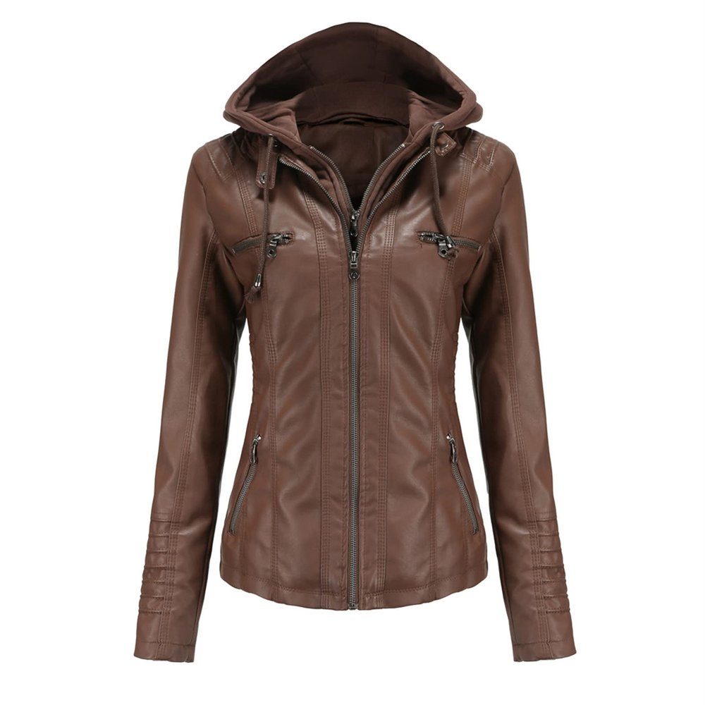 JEsilunmaMY Women's Removable Hooded Leather Jackets Long Sleeve Full Zip Moto Biker Coat Plus Size Slim Fit Motocycle Hoodie (Brown,Small)