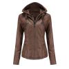 JEsilunmaMY Women's Removable Hooded Leather Jackets Long Sleeve Full Zip Moto Biker Coat Plus Size Slim Fit Motocycle Hoodie (Brown,Small) view 1