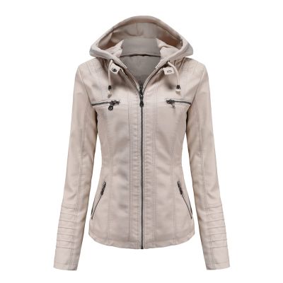 JEsilunmaMY Women's Removable Hooded Leather Jackets Long Sleeve Full Zip Moto Biker Coat Plus Size Slim Fit Motocycle Hoodie (Khaki,X-Small)
