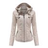 JEsilunmaMY Women's Removable Hooded Leather Jackets Long Sleeve Full Zip Moto Biker Coat Plus Size Slim Fit Motocycle Hoodie (Khaki,X-Small) view 1