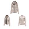 JEsilunmaMY Women's Removable Hooded Leather Jackets Long Sleeve Full Zip Moto Biker Coat Plus Size Slim Fit Motocycle Hoodie (Khaki,X-Small) view 2