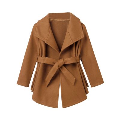 Girls Dress Coat Lapel Double Breasted Pockets Long Winter Coat with Belt 1-6Y Winter Coats Outer (Brown, 5-6 Years)