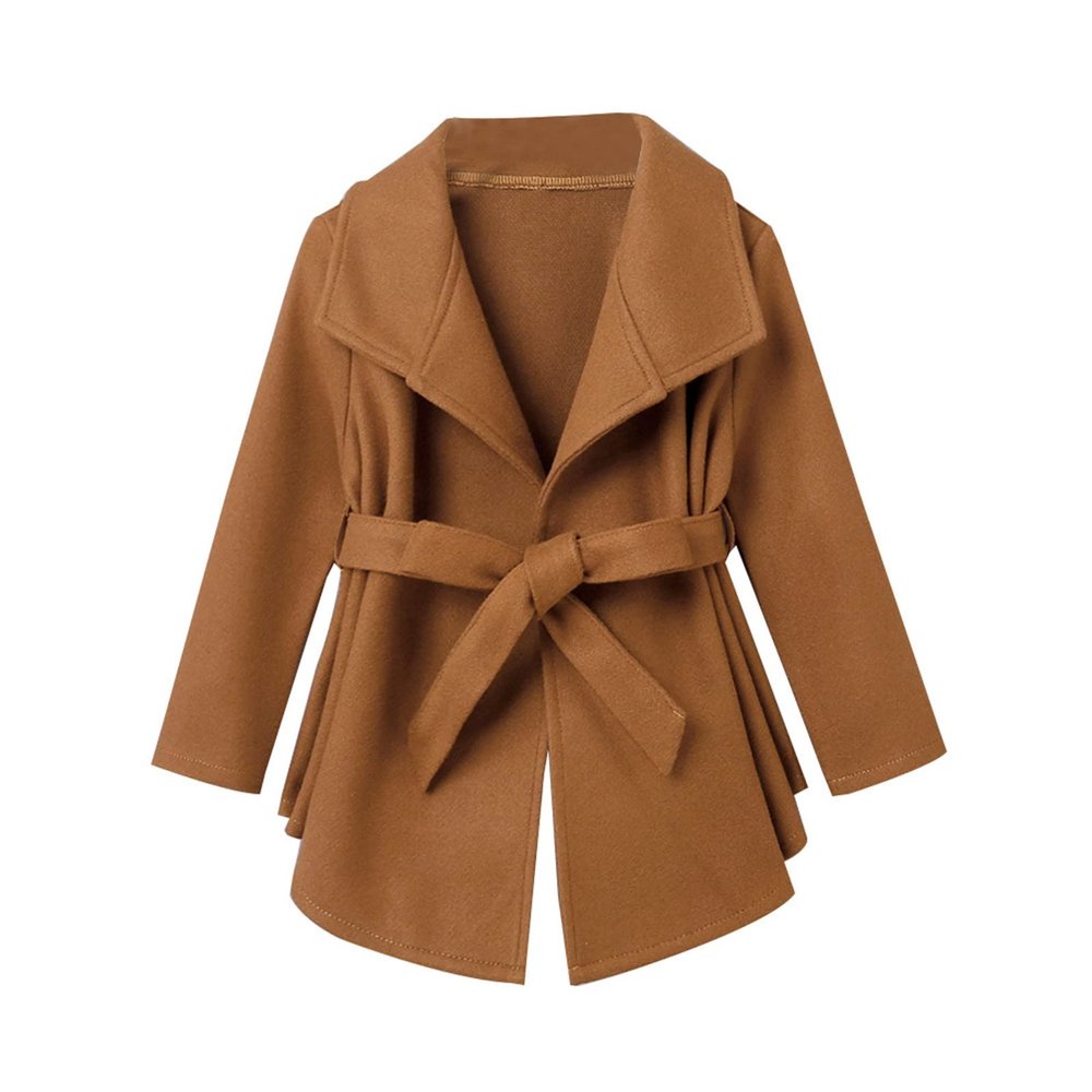 Girls Dress Coat Lapel Double Breasted Pockets Long Winter Coat with Belt 1-6Y Winter Coats Outer (Brown, 5-6 Years)