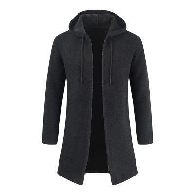 Men's Zip Up Long Cardigan Sweater Open Front Hooded Knitted Cardigans Winter Warm Longline Slim Fit Knit Coat (Black,Large)