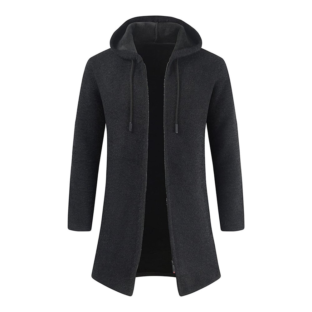 Men's Zip Up Long Cardigan Sweater Open Front Hooded Knitted Cardigans Winter Warm Longline Slim Fit Knit Coat (Black,Medium)