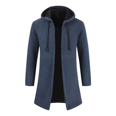 Maiyifu-GJ Men's Zip Up Long Cardigan Sweater Open Front Hooded Knitted Cardigans Winter Warm Longline Slim Fit Knit Coat (Blue,3X-Large)