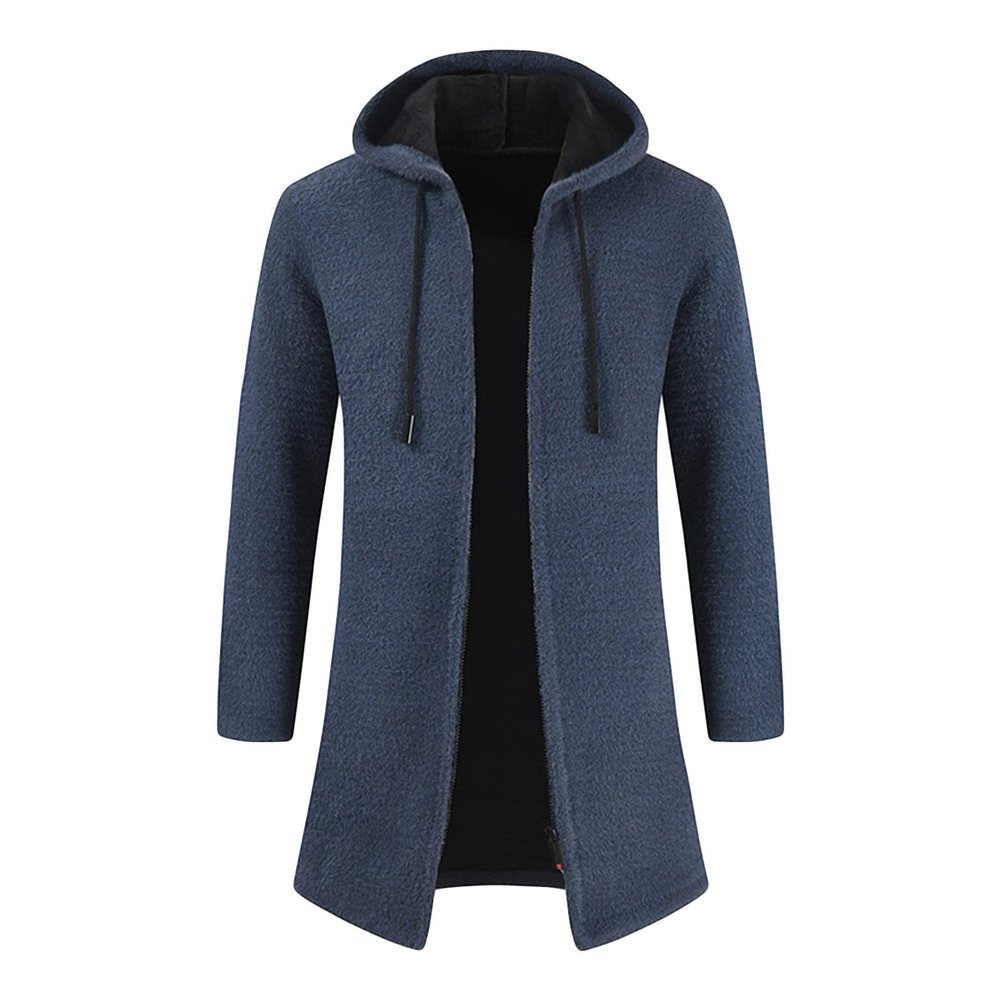 Maiyifu-GJ Men's Zip Up Long Cardigan Sweater Open Front Hooded Knitted Cardigans Winter Warm Longline Slim Fit Knit Coat (Blue,3X-Large)
