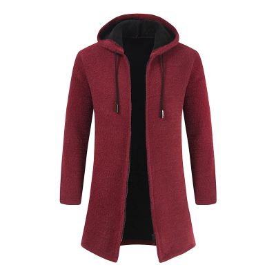 Maiyifu-GJ Men's Zip Up Long Cardigan Sweater Open Front Hooded Knitted Cardigans Winter Warm Longline Slim Fit Knit Coat (Red,XX-Large)