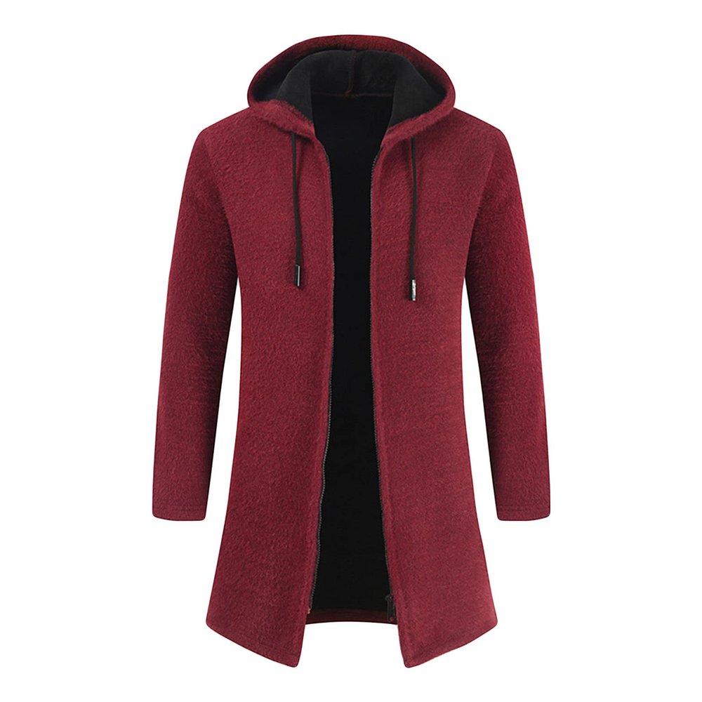 Maiyifu-GJ Men's Zip Up Long Cardigan Sweater Open Front Hooded Knitted Cardigans Winter Warm Longline Slim Fit Knit Coat (Red,XX-Large)