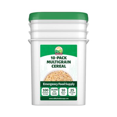 Valley Food Storage Multigrain Dried Cereal | 10-Bag Bucket, 100 Servings | Premium Emergency Food Supply, 25 Year Shelf Life | Survival Breakfast Food for Camping, Prepper Storage & Off-Grid Living