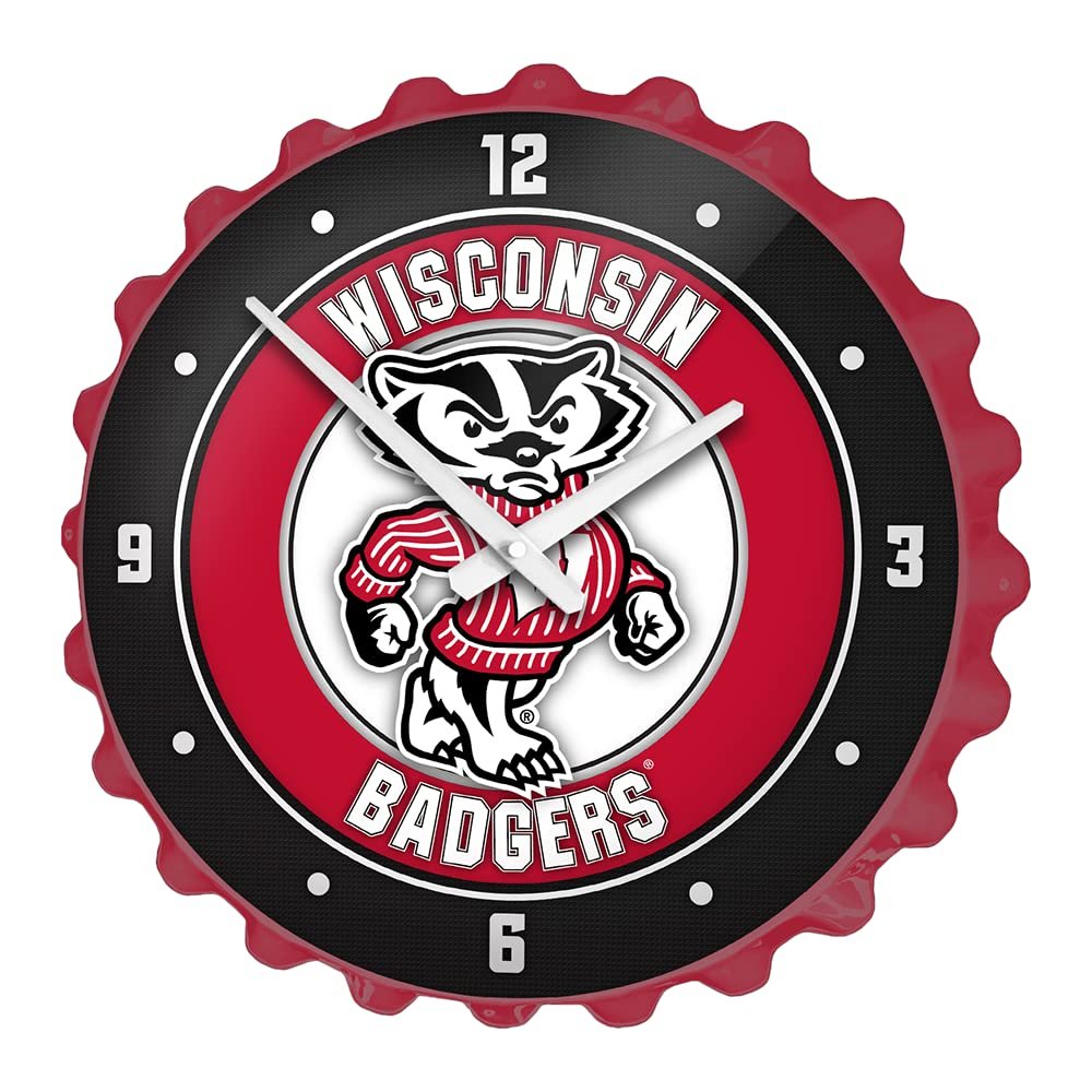 The Fan-Brand NCAA Wisconsin Badgers: Mascot: Red - Bottle Cap Wall Clock - Sports Team Bar Sign Dcor - Home, Dorm, Garage, Office, Fan Cave