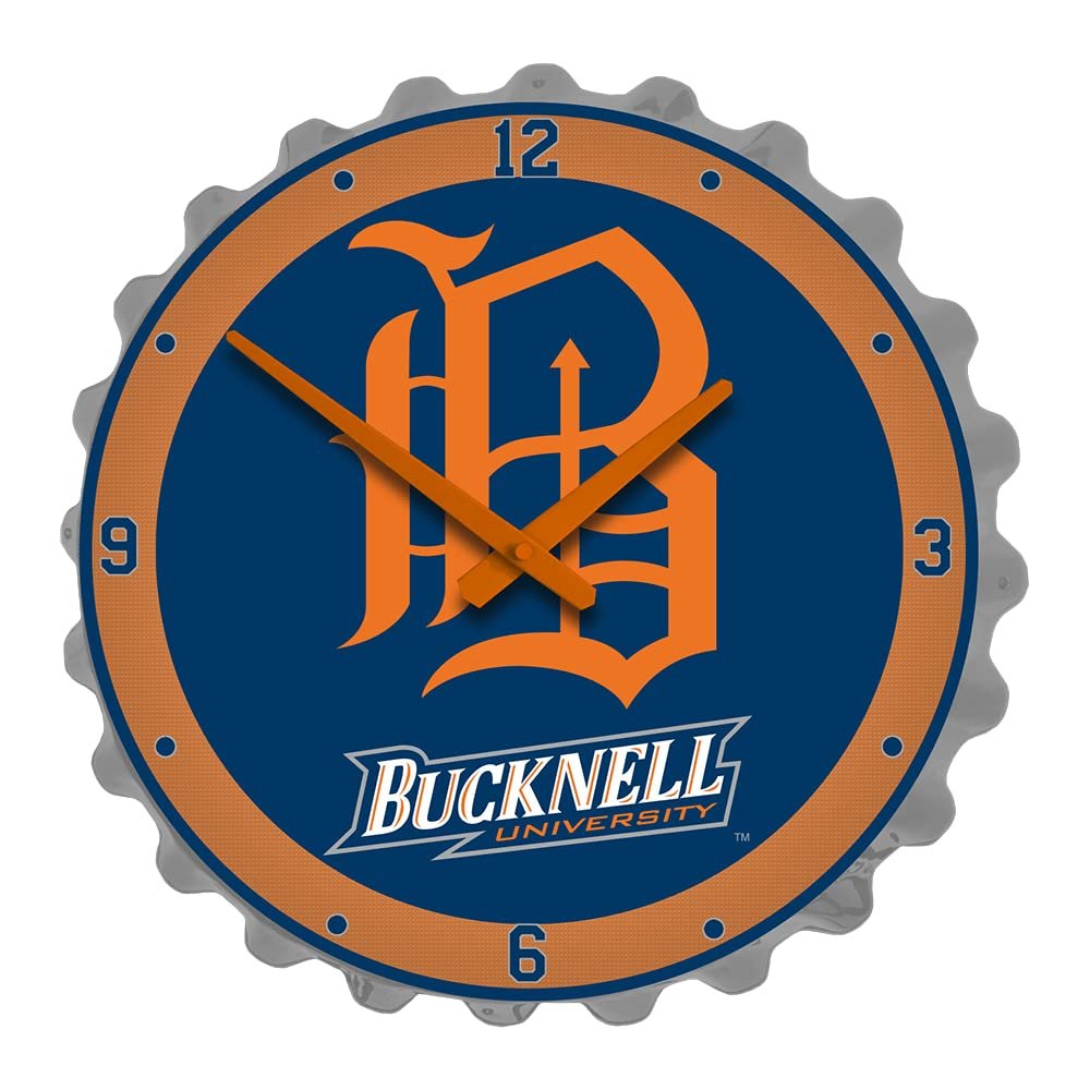 The Fan-Brand NCAA Bucknell Bisons: Script Logo - Bottle Cap Wall Clock - Sports Team Bar Sign Dcor - Home, Dorm, Garage, Office, Fan Cave