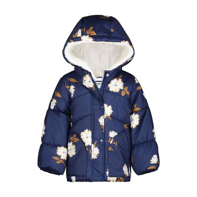 OshKosh B'Gosh Toddler Girl Puffer Jacket - Warm, Hooded Winter Coat, Navy With Stylish Allover Floral Design, Size 2T