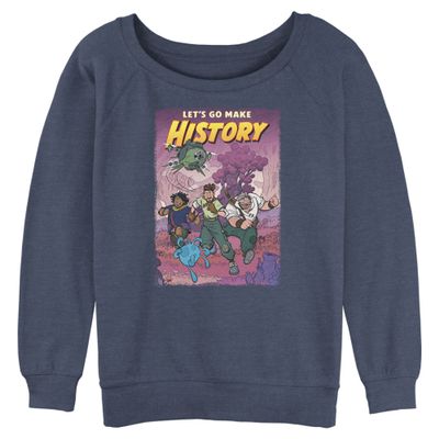Disney Women's Strange World History Junior's Raglan Pullover with Coverstitch, Blue Heather, X-Large