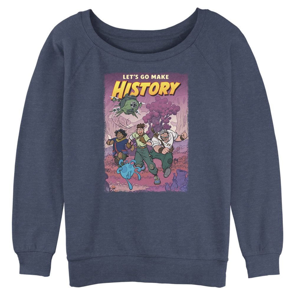 Disney Women's Strange World History Junior's Raglan Pullover with Coverstitch, Blue Heather, X-Large