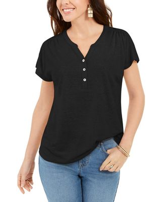 Style & Co. Women's Dolman-Sleeve Henley Linen-Blend Top Black Size Small