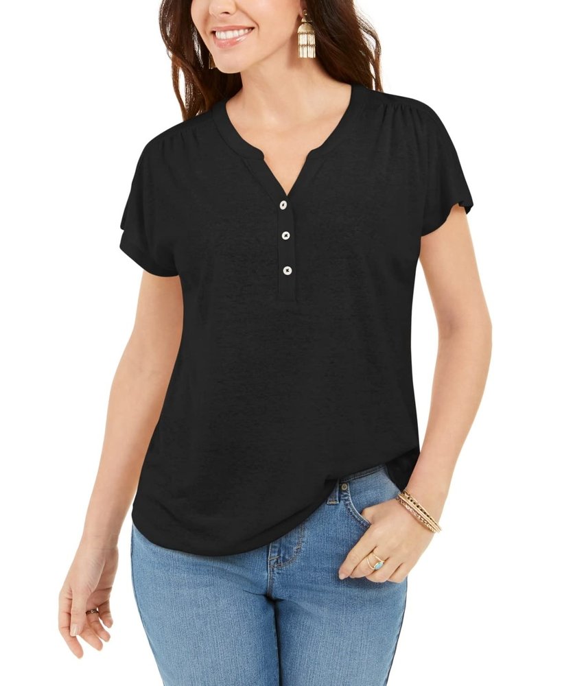 Style & Co. Women's Dolman-Sleeve Henley Linen-Blend Top Black Size Small
