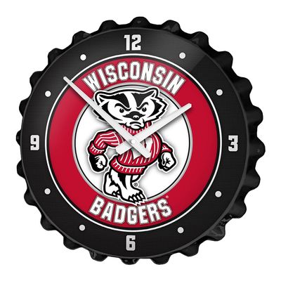 The Fan-Brand NCAA Wisconsin Badgers: Mascot: Black - Bottle Cap Wall Clock - Sports Team Bar Sign Dcor - Home, Dorm, Garage, Office, Fan Cave