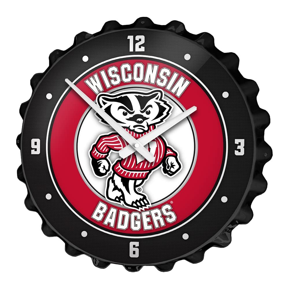 The Fan-Brand NCAA Wisconsin Badgers: Mascot: Black - Bottle Cap Wall Clock - Sports Team Bar Sign Dcor - Home, Dorm, Garage, Office, Fan Cave