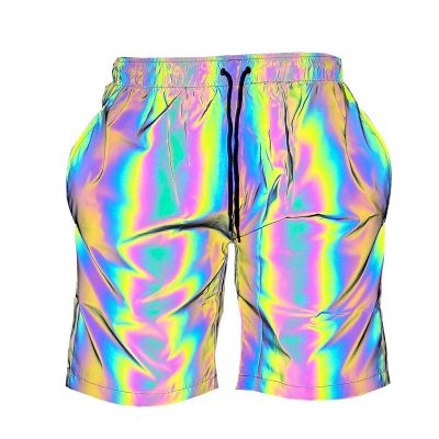 Akkad Kuti Men Rainbow Reflective Shorts Night Glow Fluorescent Jogger Casual Running Pockets Shorts with Drawstring(Rainbow Shorts,S)