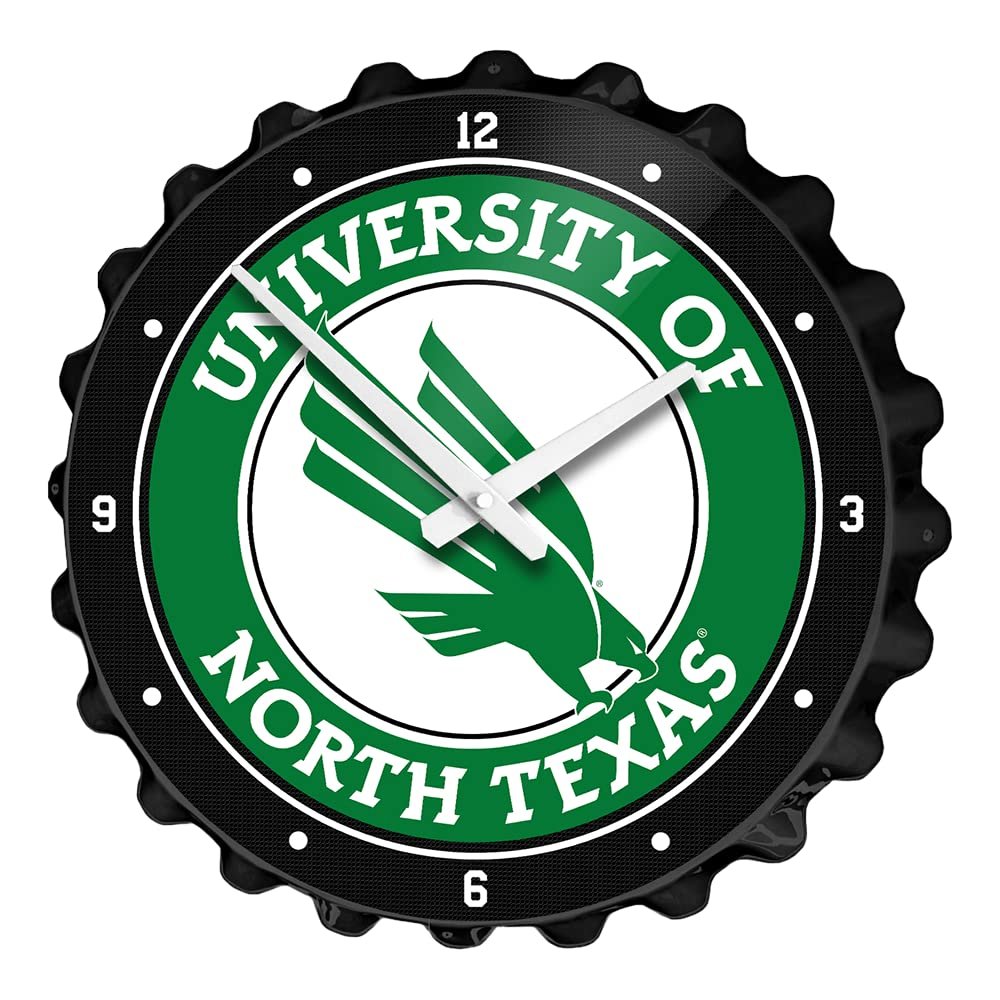 The Fan-Brand NCAA North Texas Mean Green - Bottle Cap Wall Clock - Sports Team Bar Sign Dcor - Home, Dorm, Garage, Office, Fan Cave
