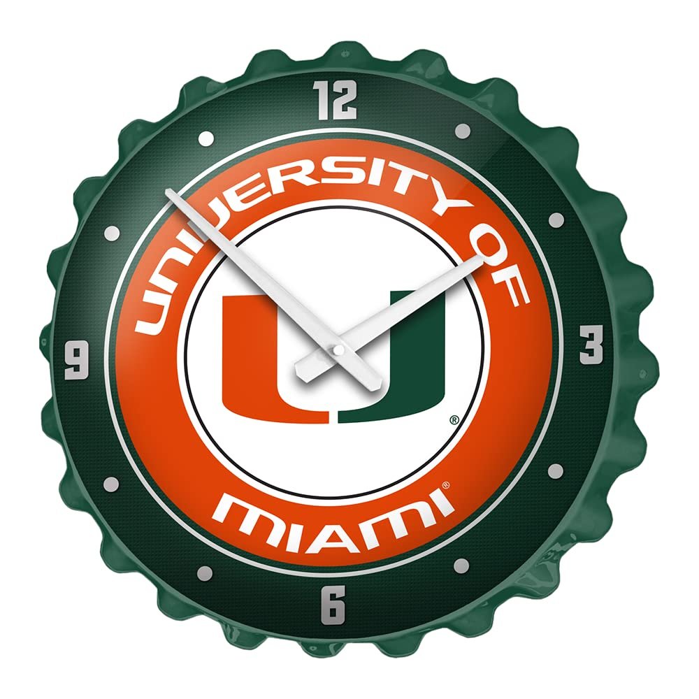 The Fan-Brand NCAA Miami Hurricans: Green - Bottle Cap Wall Clock - Sports Team Bar Sign Dcor - Home, Dorm, Garage, Office, Fan Cave