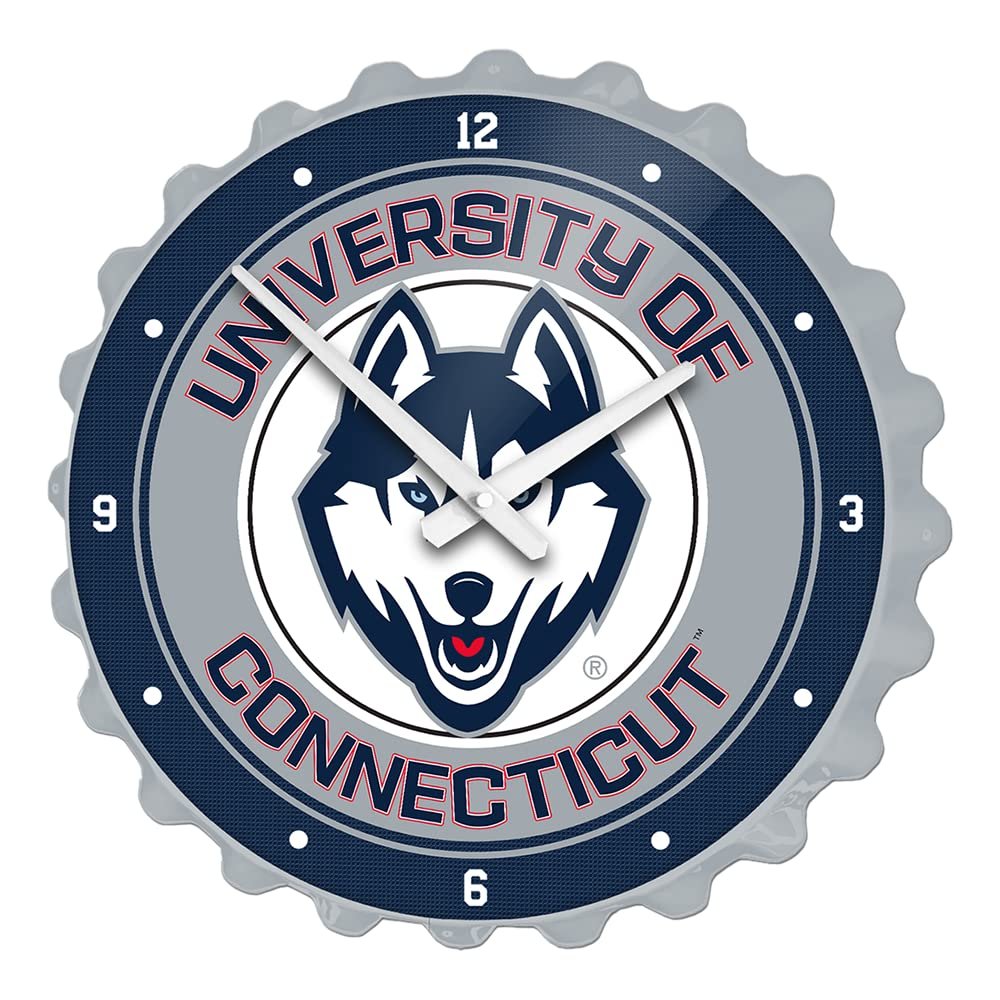 The Fan-Brand NCAA UConn Huskies: Silver - Bottle Cap Wall Clock - Sports Team Bar Sign Dcor - Home, Dorm, Garage, Office, Fan Cave