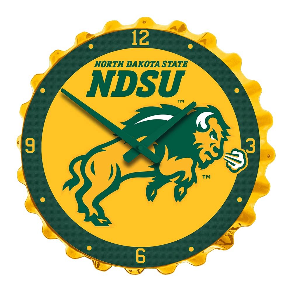 The Fan-Brand NCAA North Dakota State Bison: Charging, Yellow - Bottle Cap Wall Clock - Sports Team Bar Sign Dcor - Home, Dorm, Garage, Office, Fan Cave