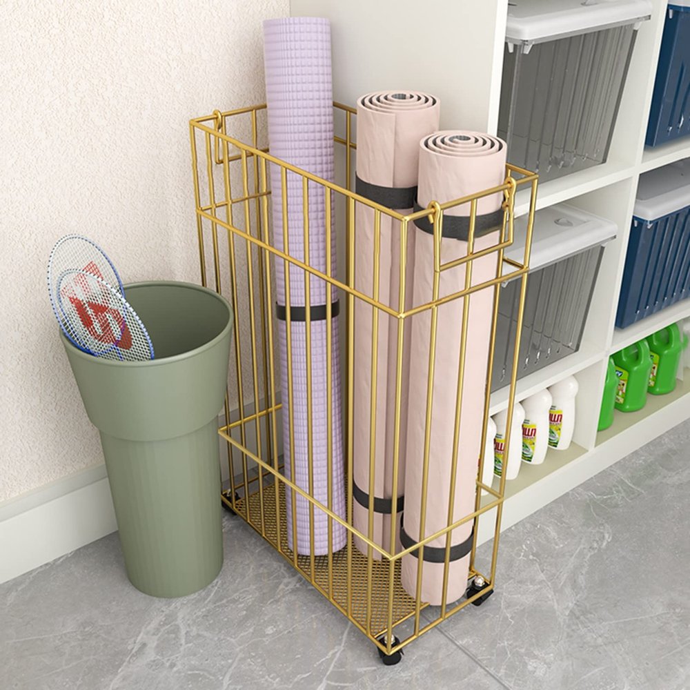 C'ESTBON Gold Yoga Mat Basket with 4 Wheels, Square-Shaped Multifunctional Holder, Heavy Duty Metal Work Out Equipment Rack, in Bedroom, Living Room, Garage