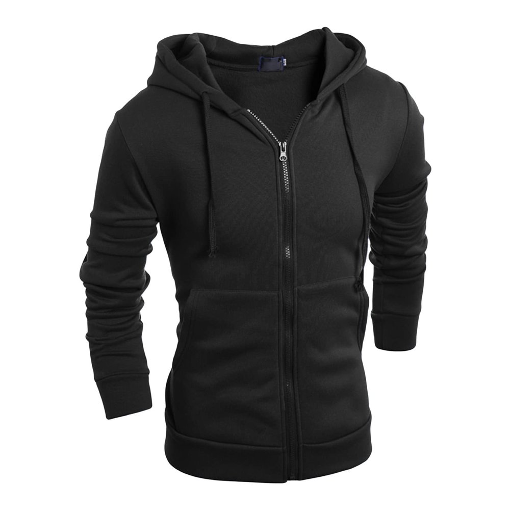 Maiyifu-GJ Men's Long Sleeve Full Zip Hoodie Casual Lightweight Cotton Hooded Sweatshirt Loose Fit Hoodies With Kanga Pocket (Black,Large)