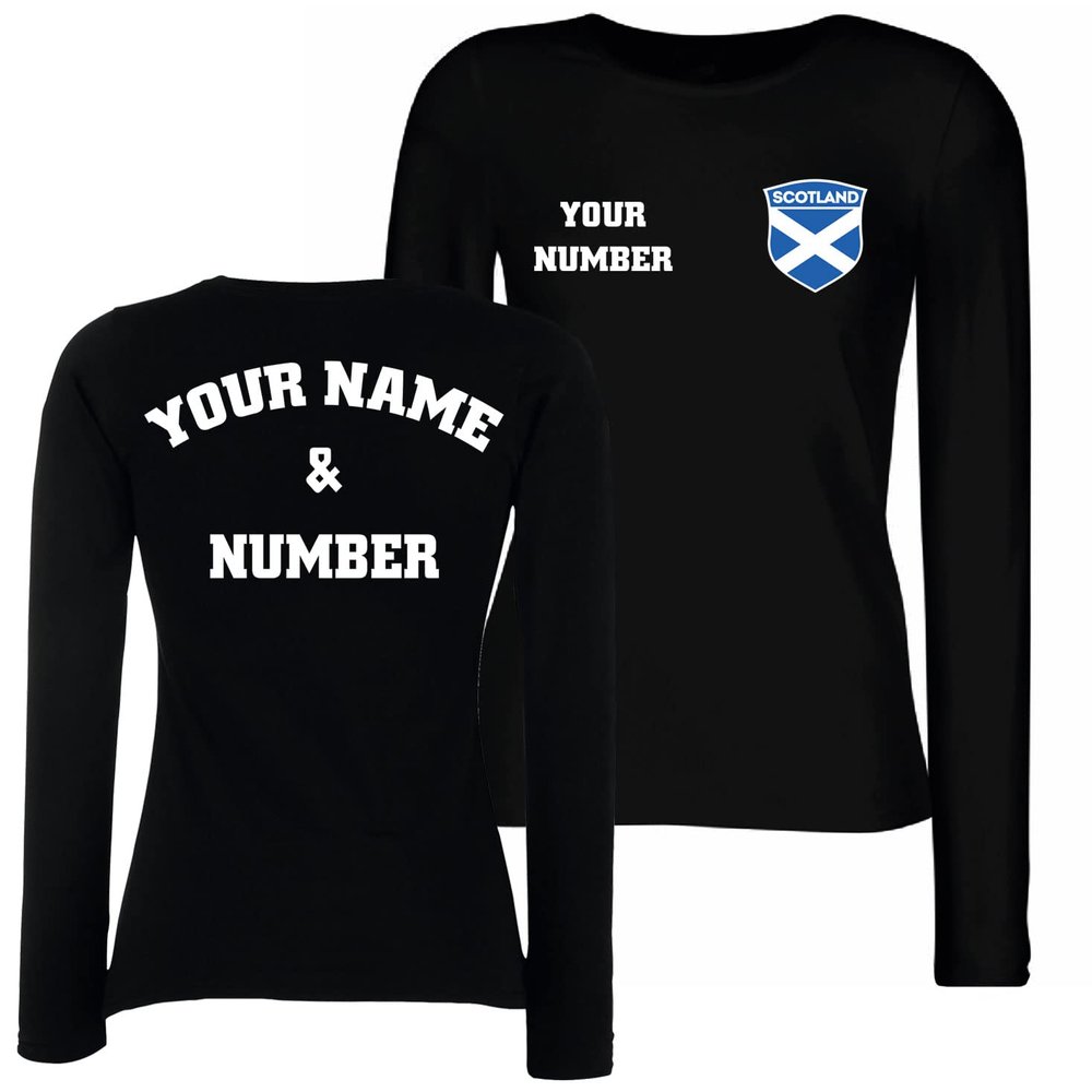 Personalised Women's Scotland 2026 Football T-Shirt Long Sleeve | Custom Name and Number | Scotland Flag Design (XXL Black Multi Color)