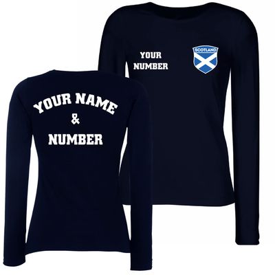 Personalised Women's Scotland 2026 Football T-Shirt Long Sleeve | Custom Name and Number | Scotland Flag Design (L Navy Blue Multi Color)