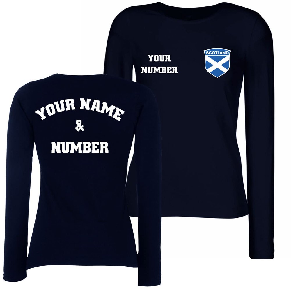 Personalised Women's Scotland 2026 Football T-Shirt Long Sleeve | Custom Name and Number | Scotland Flag Design (L Navy Blue Multi Color)