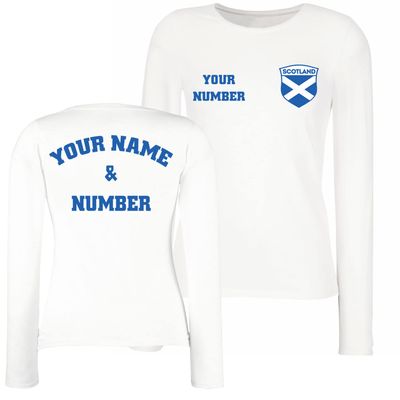 Personalised Women's Scotland 2026 Football T-Shirt Long Sleeve | Custom Name and Number | Scotland Flag Design (XXL White Multi Color)
