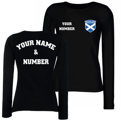 Personalised Women's Scotland 2026 Football T-Shirt Long Sleeve | Custom Name and Number | Scotland Flag Design (S Black Multi Color)