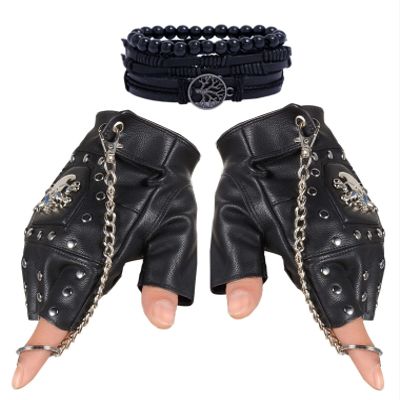 Coolwife Steampunk Gothic Gloves Mens Vintage Geuuine Leather Captain Fingerless Mittens (Ring Black + Tree Bracelet)